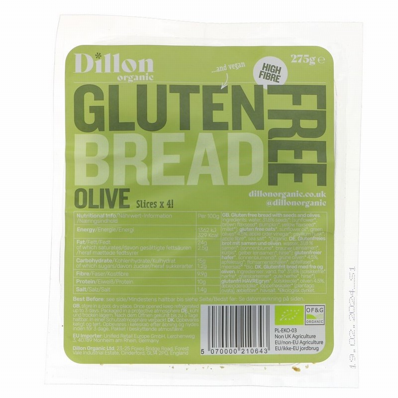 Dillon Organic Sliced Gluten Free Olive Bread